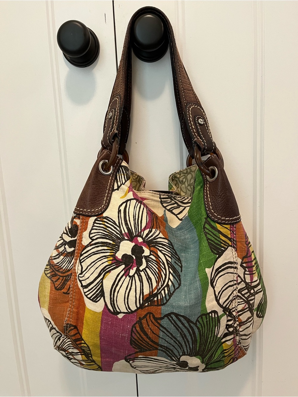 Fossil Multicolor Floral Canvas Shoulder Bag with Brown Leather Straps